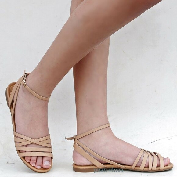 New Natural Beige Strappy Ankle Strap Flat Sandals - Picture 2 of 4